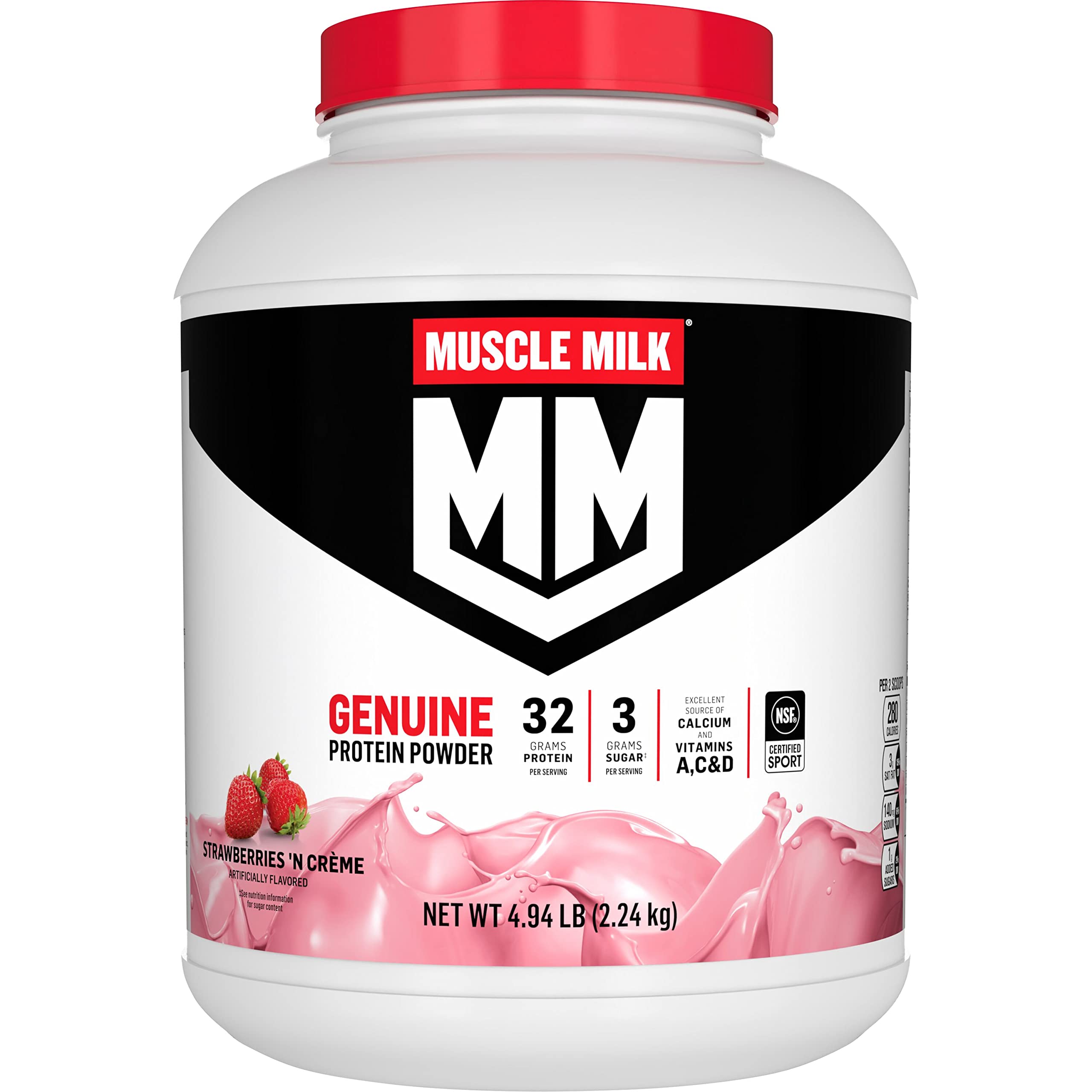 Muscle Milk Genuine Protein Powder, Strawberries ‘N Crème, 1.93 Pounds, 13 Servings, 32g Protein, 3g Sugar, Calcium, Vitamins A, C & D, NSF Certified for Sport, Energizing Snack, Packaging May Vary