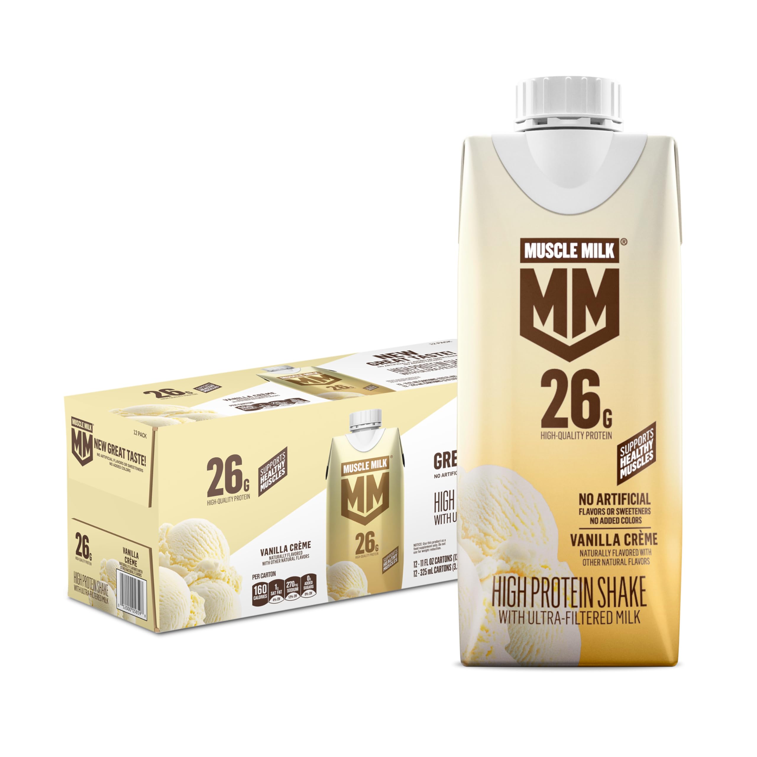 Muscle Milk High Protein Shake, Chocolate, 11 fl oz Cartons (12 Pack) | Ultra Filtered Milk, 26g Protein, 3g Sugar, 160 Calories, No Artificial Flavors, No Artificial Sweeteners, No Added Colors