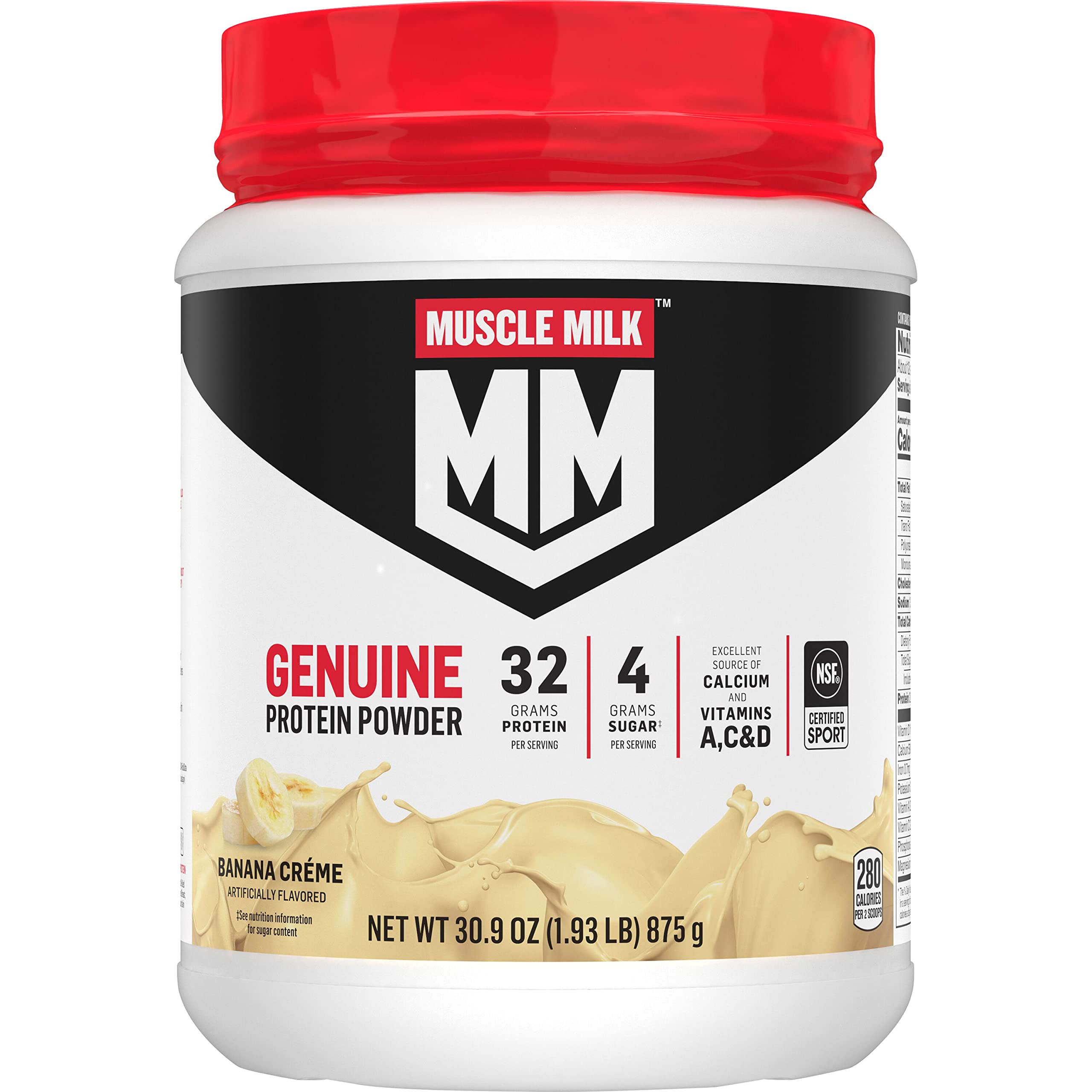 Muscle Milk Genuine Protein Powder, Strawberries ‘N Crème, 1.93 Pounds, 13 Servings, 32g Protein, 3g Sugar, Calcium, Vitamins A, C & D, NSF Certified for Sport, Energizing Snack, Packaging May Vary