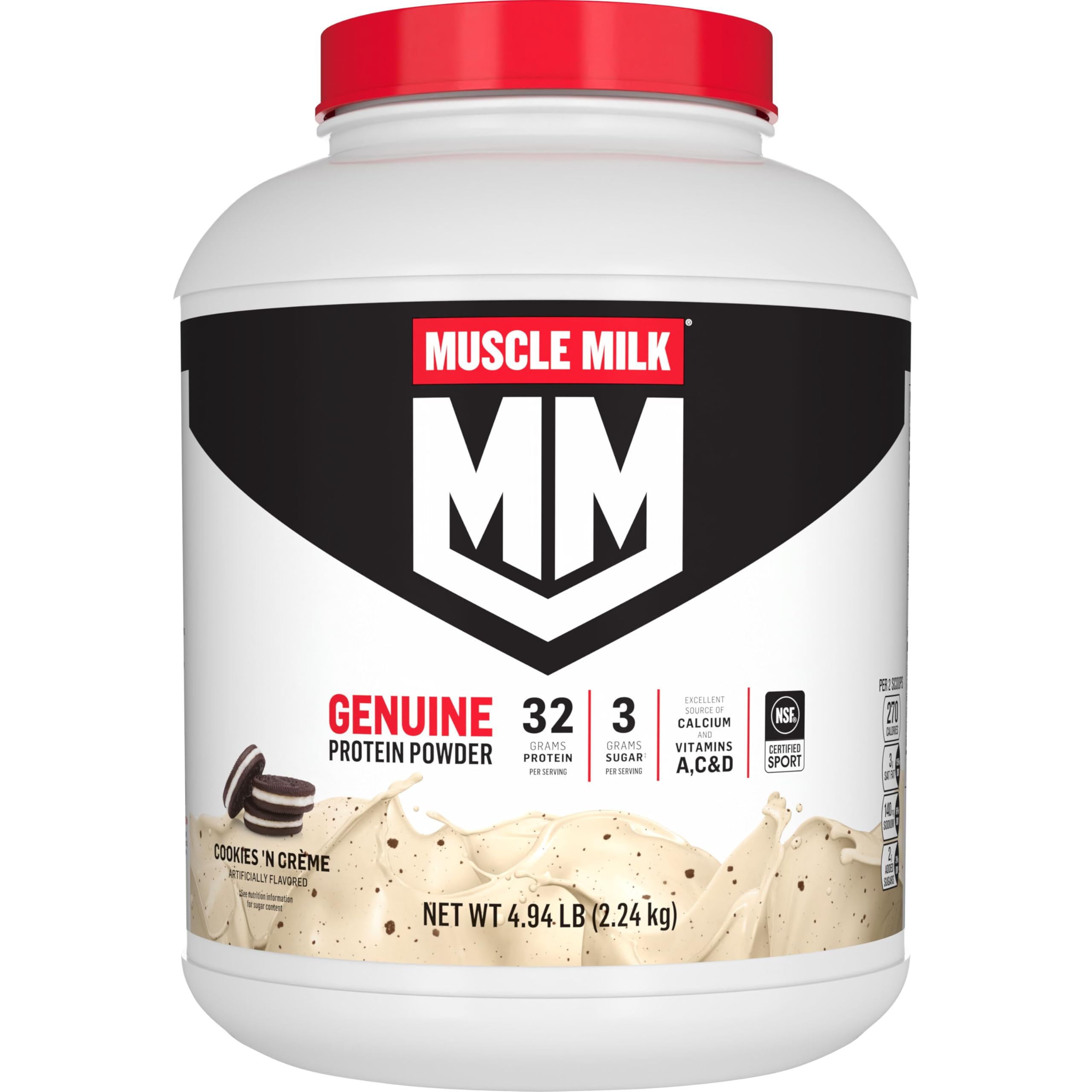 Muscle Milk Genuine Protein Powder, Strawberries ‘N Crème, 1.93 Pounds, 13 Servings, 32g Protein, 3g Sugar, Calcium, Vitamins A, C & D, NSF Certified for Sport, Energizing Snack, Packaging May Vary