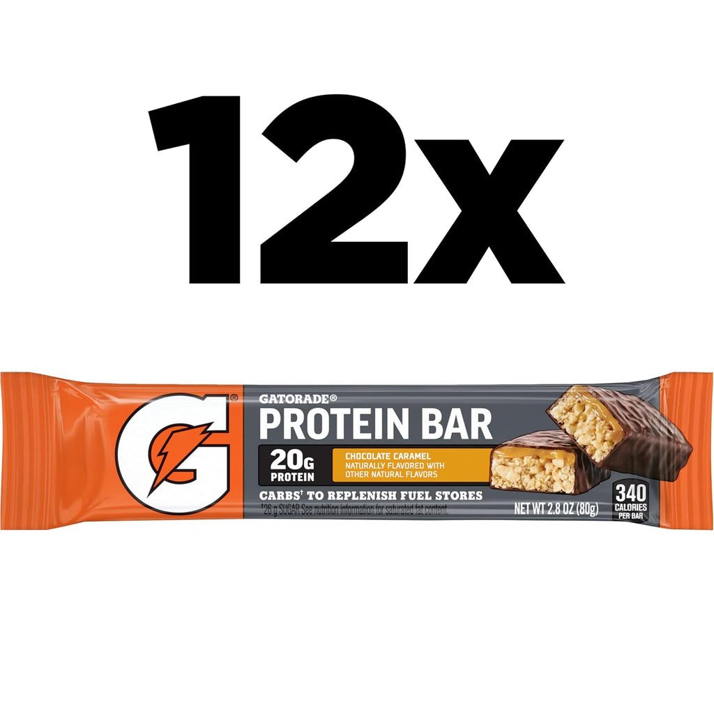 Gatorade Whey Protein Bars, Chocolate Caramel, 2.8 oz bars (Pack of 12, 20g of protein per bar)