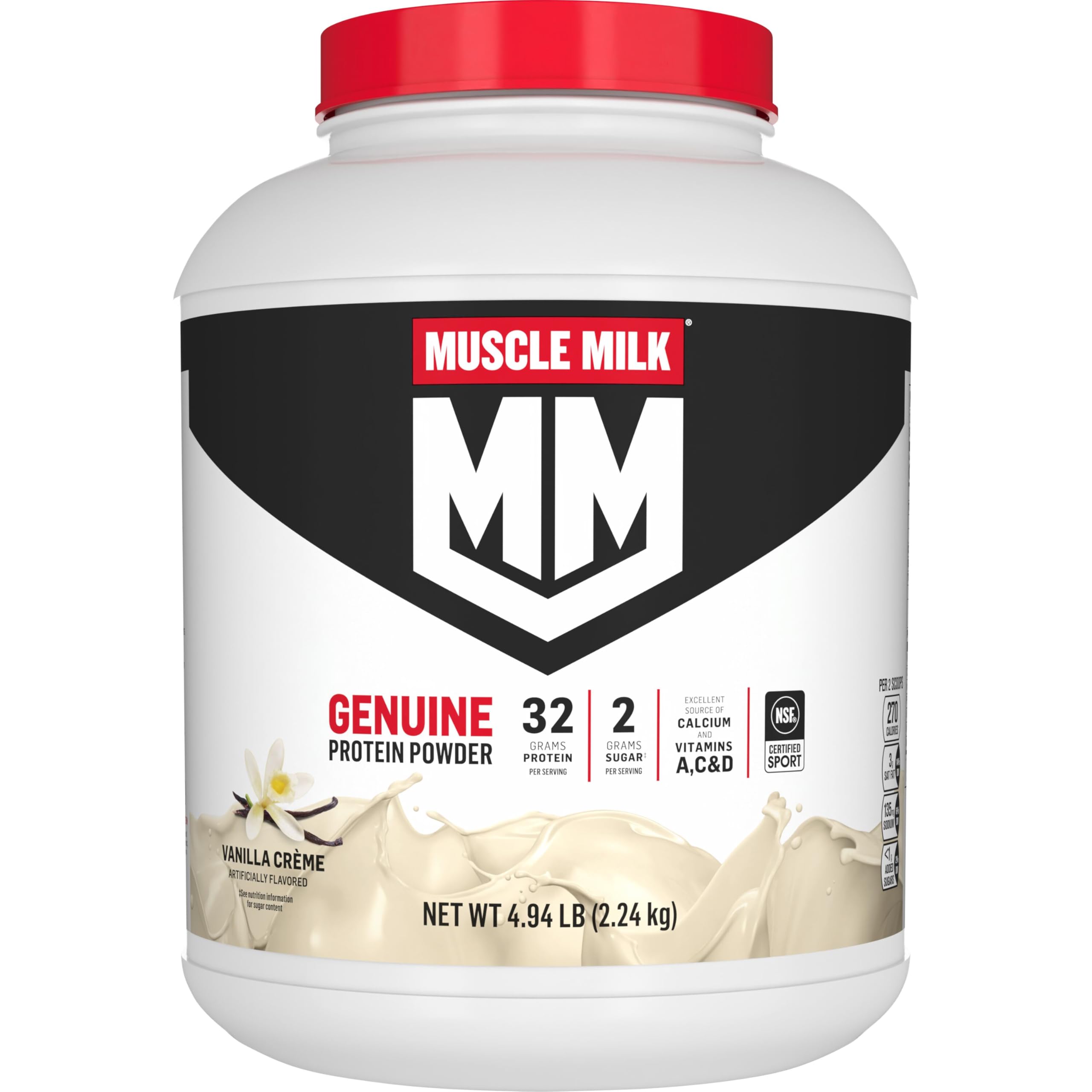 Muscle Milk Genuine Protein Powder, Strawberries ‘N Crème, 1.93 Pounds, 13 Servings, 32g Protein, 3g Sugar, Calcium, Vitamins A, C & D, NSF Certified for Sport, Energizing Snack, Packaging May Vary