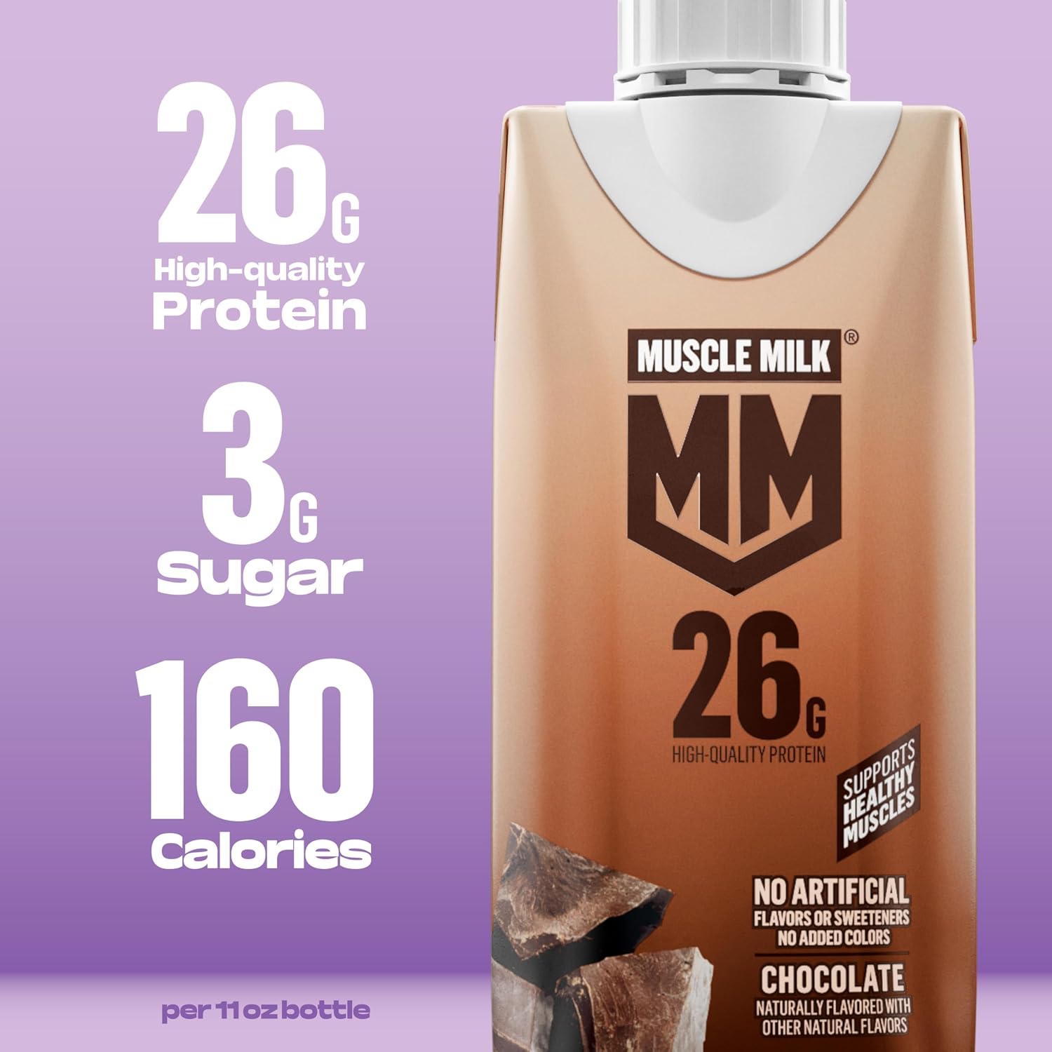 Muscle Milk High Protein Shake, Chocolate, 11 fl oz Cartons (12 Pack) | Ultra Filtered Milk, 26g Protein, 3g Sugar, 160 Calories, No Artificial Flavors, No Artificial Sweeteners, No Added Colors