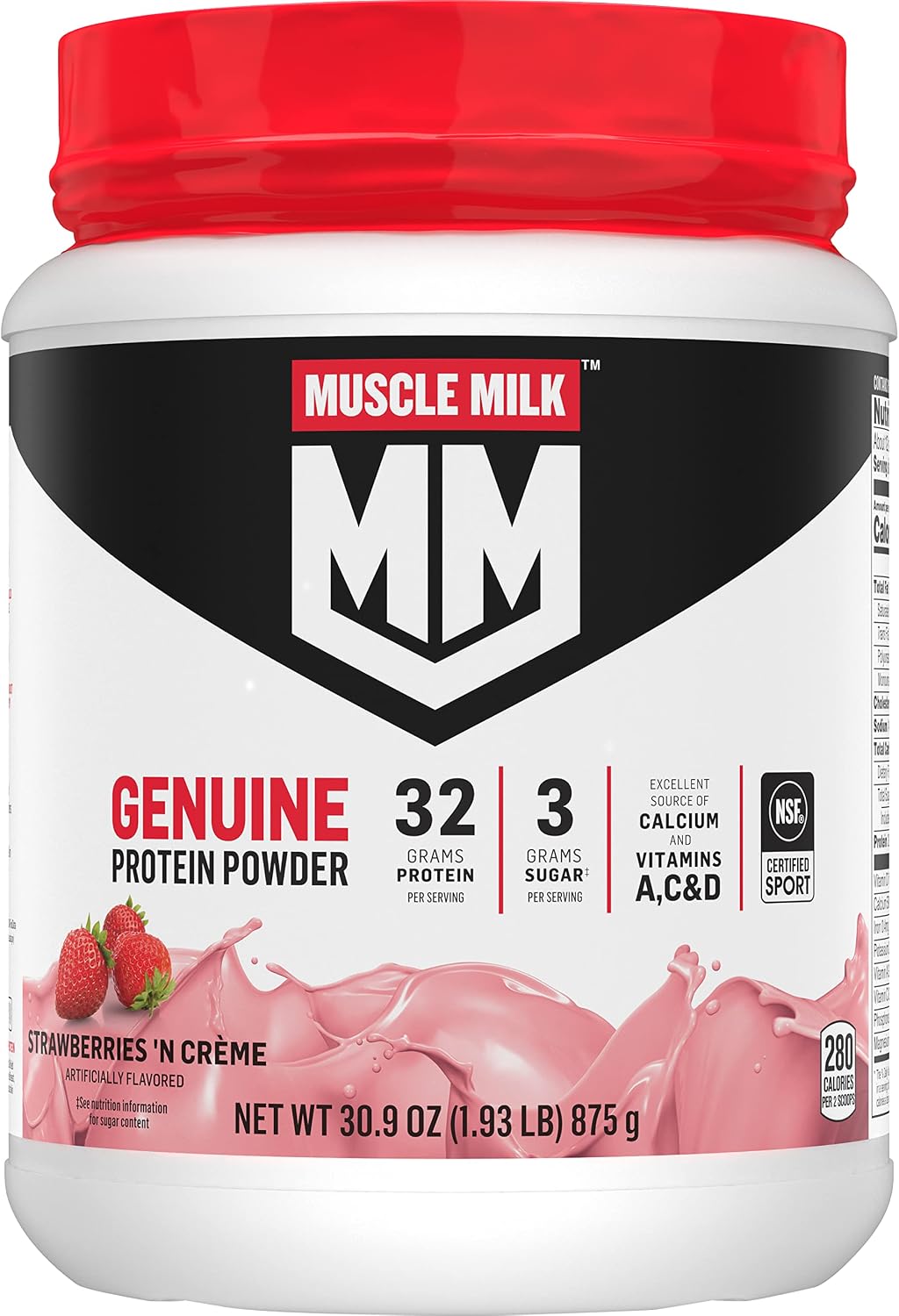 Muscle Milk Genuine Protein Powder, Strawberries ‘N Crème, 1.93 Pounds, 13 Servings, 32g Protein, 3g Sugar, Calcium, Vitamins A, C & D, NSF Certified for Sport, Energizing Snack, Packaging May Vary