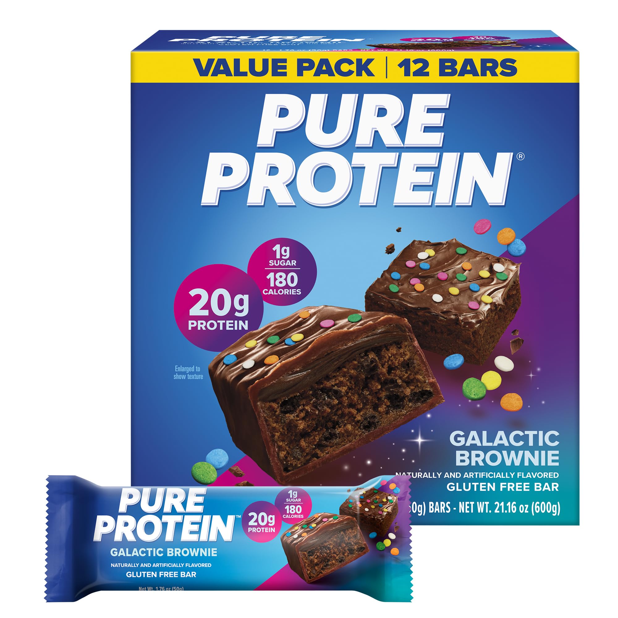 Pure Protein Chocolate Peanut Caramel Protein Bars, 20g Protein, 12 Ct | 3g Sugar, 190 Calories, Low Sugar* High Protein Snack, Gluten Free