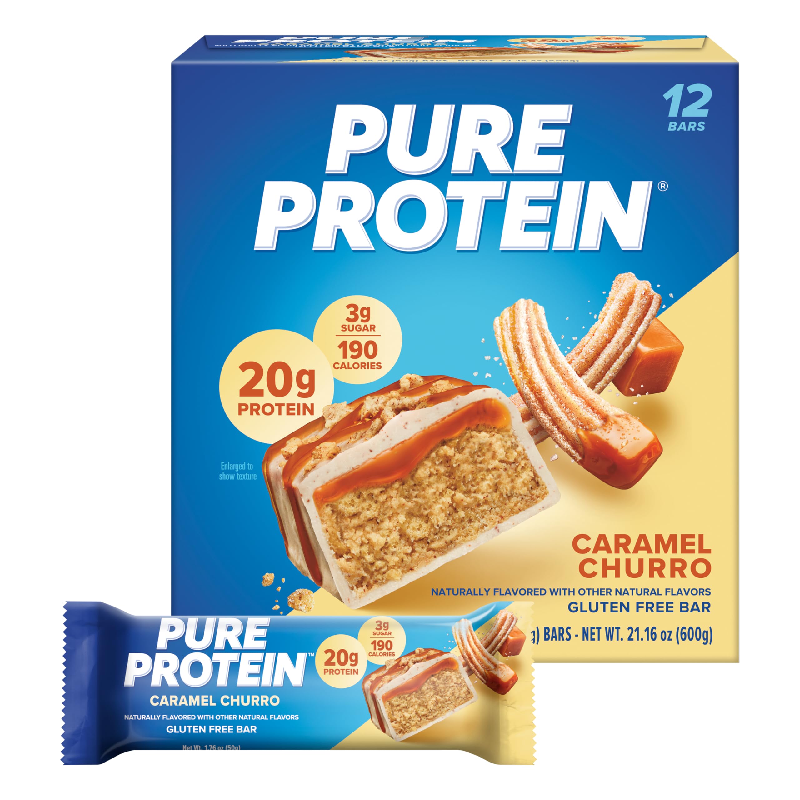 Pure Protein Chocolate Peanut Caramel Protein Bars, 20g Protein, 12 Ct | 3g Sugar, 190 Calories, Low Sugar* High Protein Snack, Gluten Free