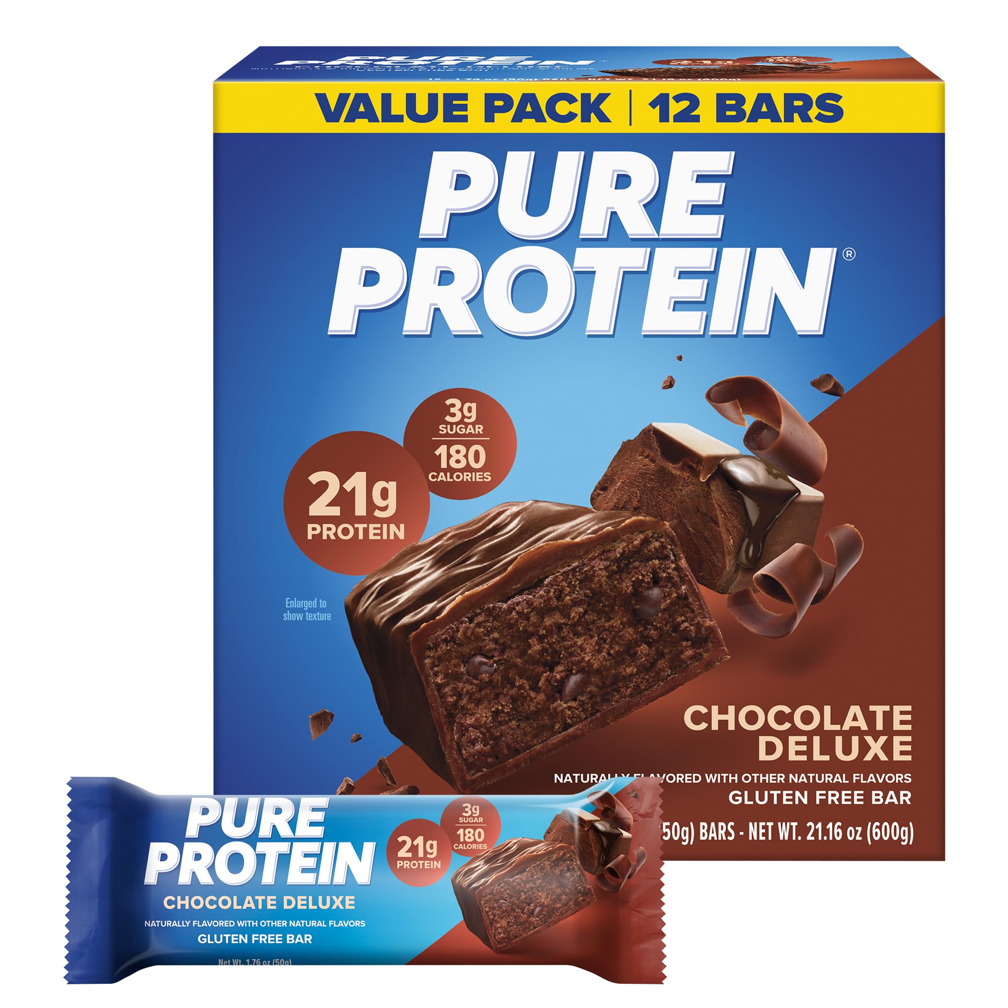 Pure Protein Chocolate Peanut Caramel Protein Bars, 20g Protein, 12 Ct | 3g Sugar, 190 Calories, Low Sugar* High Protein Snack, Gluten Free