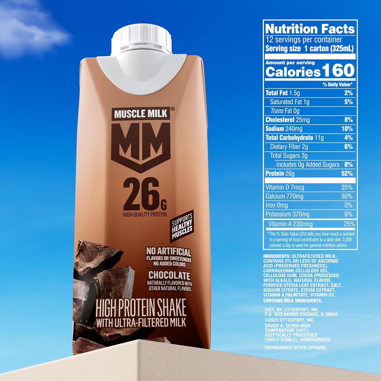 Muscle Milk High Protein Shake, Chocolate, 11 fl oz Cartons (12 Pack) | Ultra Filtered Milk, 26g Protein, 3g Sugar, 160 Calories, No Artificial Flavors, No Artificial Sweeteners, No Added Colors