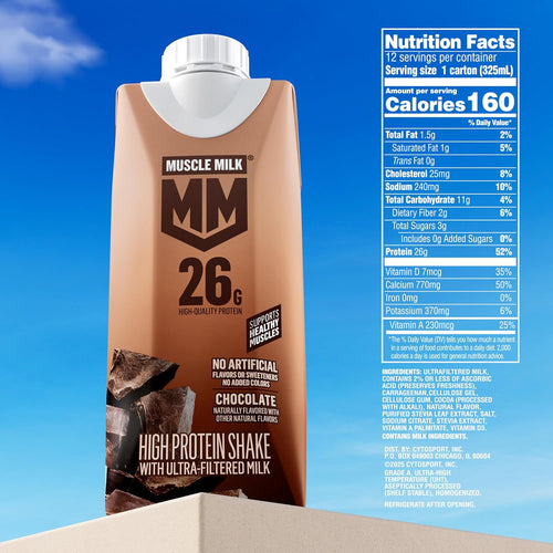 Muscle Milk High Protein Shake, Chocolate, 11 fl oz Cartons (12 Pack) | Ultra Filtered Milk, 26g Protein, 3g Sugar, 160 Calories, No Artificial Flavors, No Artificial Sweeteners, No Added Colors