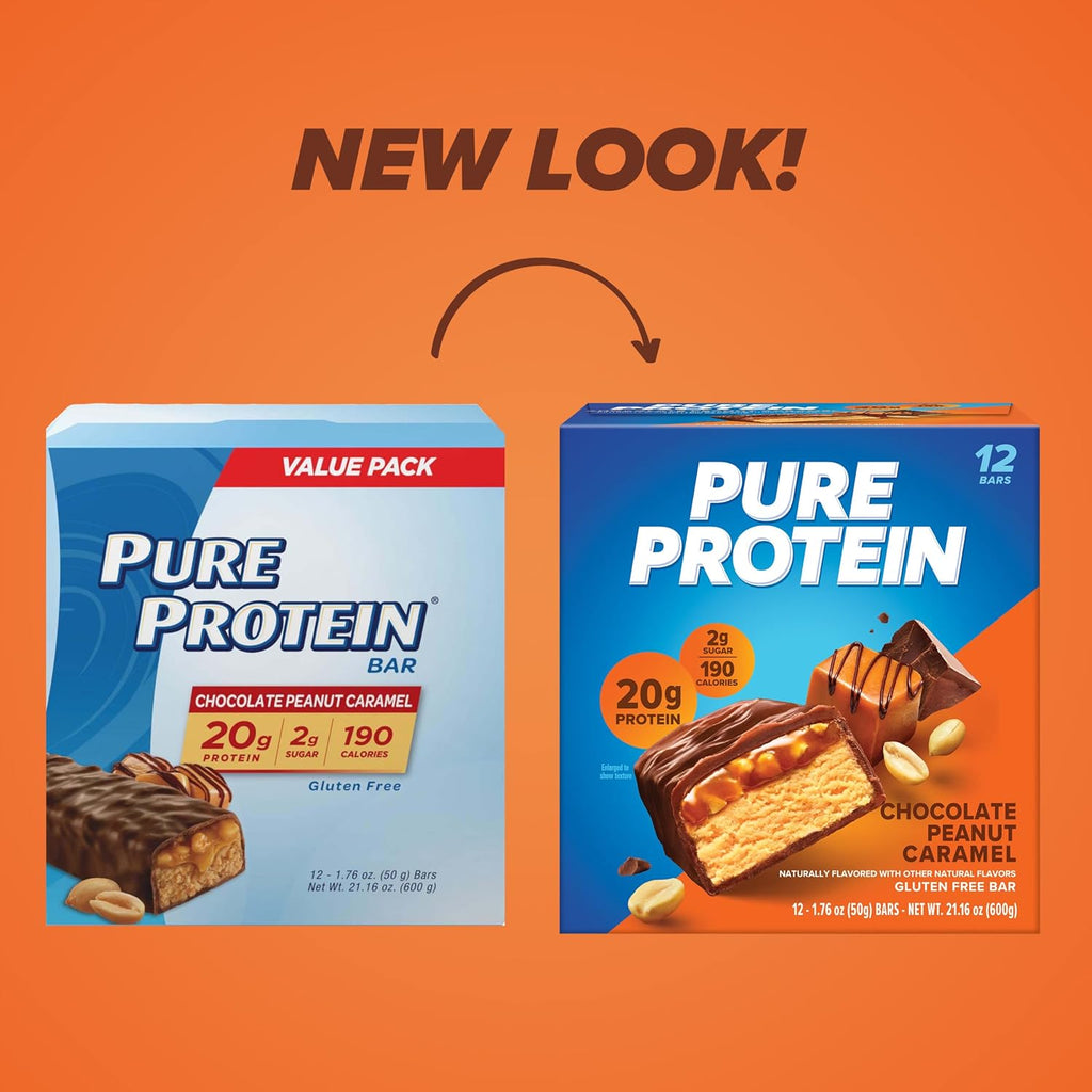 Pure Protein Chocolate Peanut Caramel Protein Bars, 20g Protein, 12 Ct | 3g Sugar, 190 Calories, Low Sugar* High Protein Snack, Gluten Free