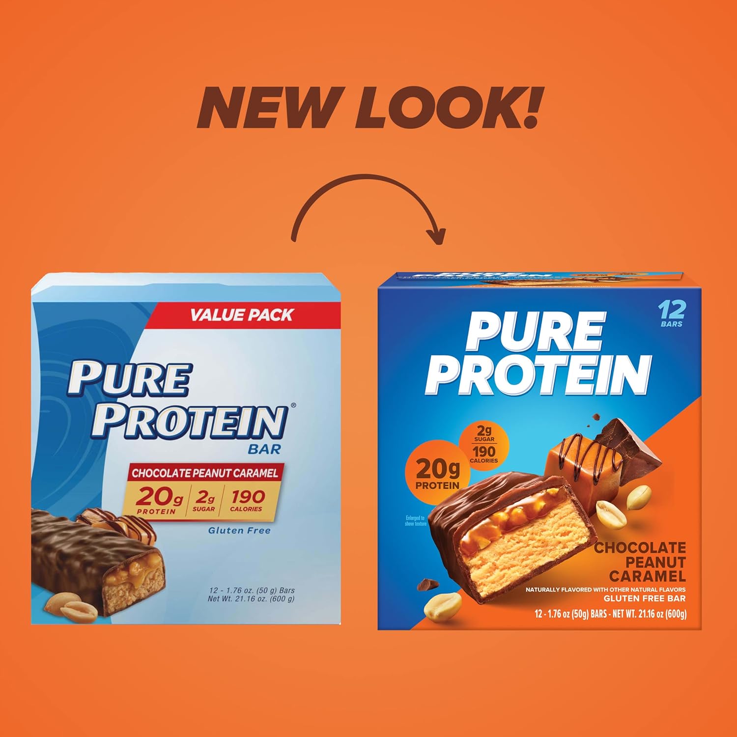 Pure Protein Chocolate Peanut Caramel Protein Bars, 20g Protein, 12 Ct | 3g Sugar, 190 Calories, Low Sugar* High Protein Snack, Gluten Free