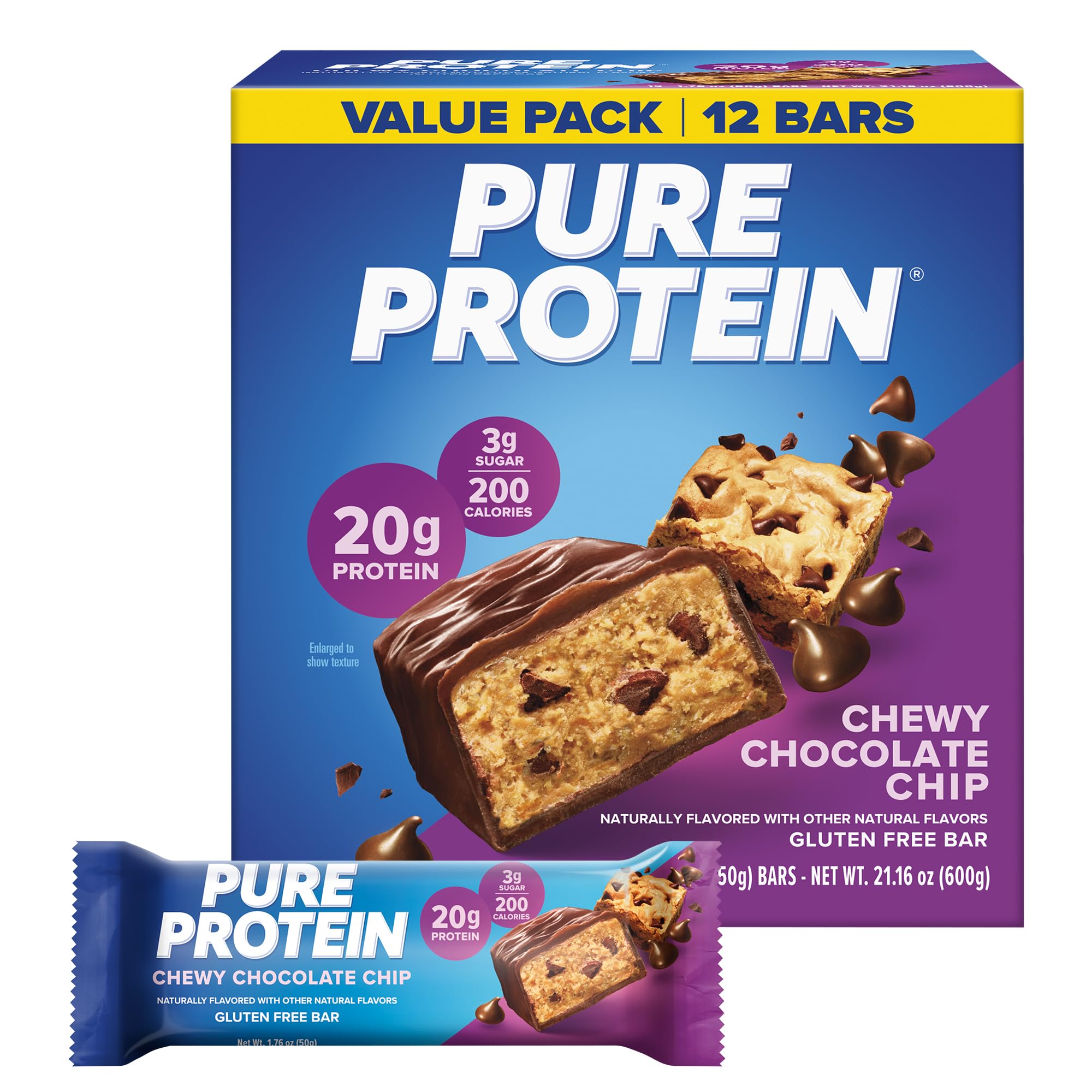 Pure Protein Chocolate Peanut Caramel Protein Bars, 20g Protein, 12 Ct | 3g Sugar, 190 Calories, Low Sugar* High Protein Snack, Gluten Free