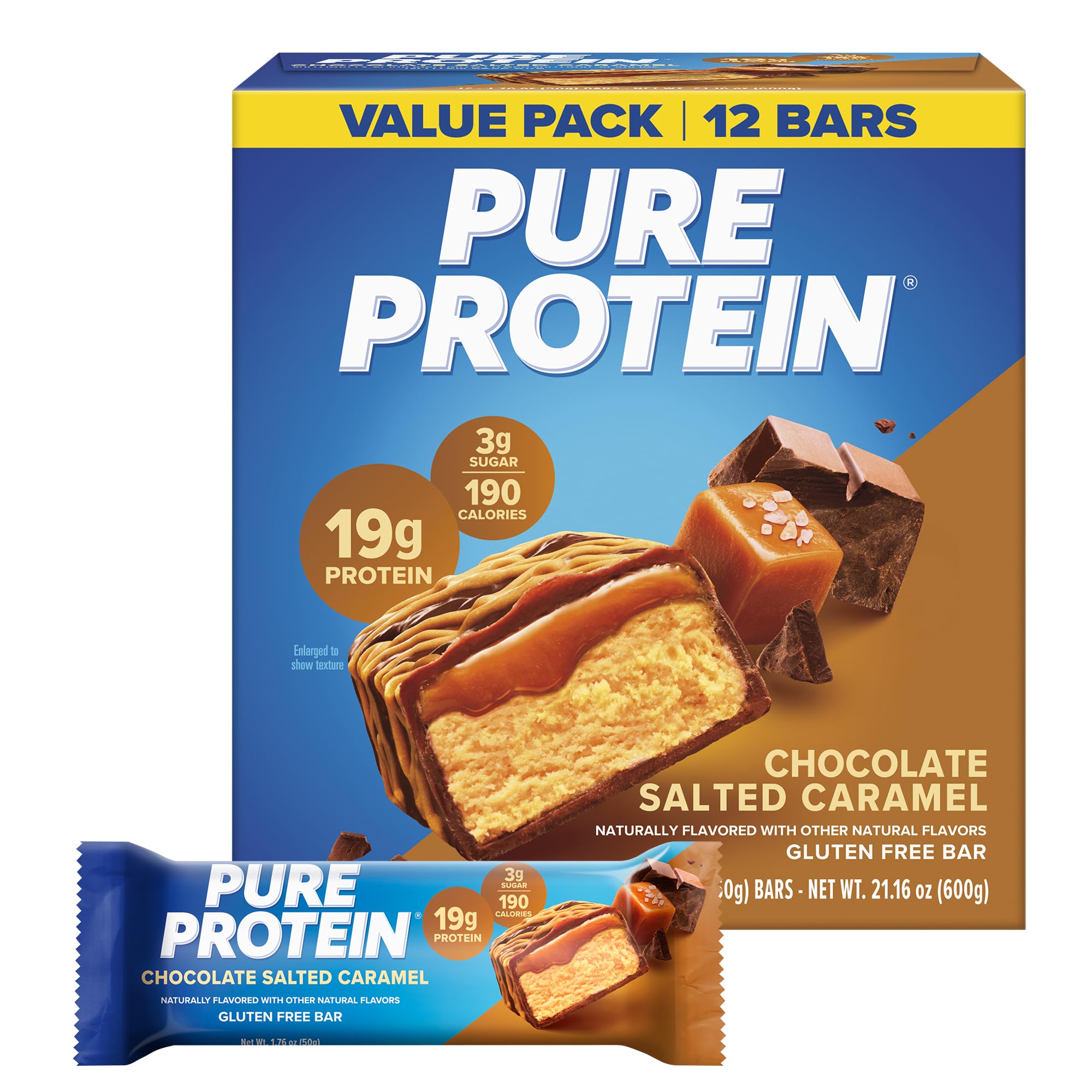 Pure Protein Chocolate Peanut Caramel Protein Bars, 20g Protein, 12 Ct | 3g Sugar, 190 Calories, Low Sugar* High Protein Snack, Gluten Free