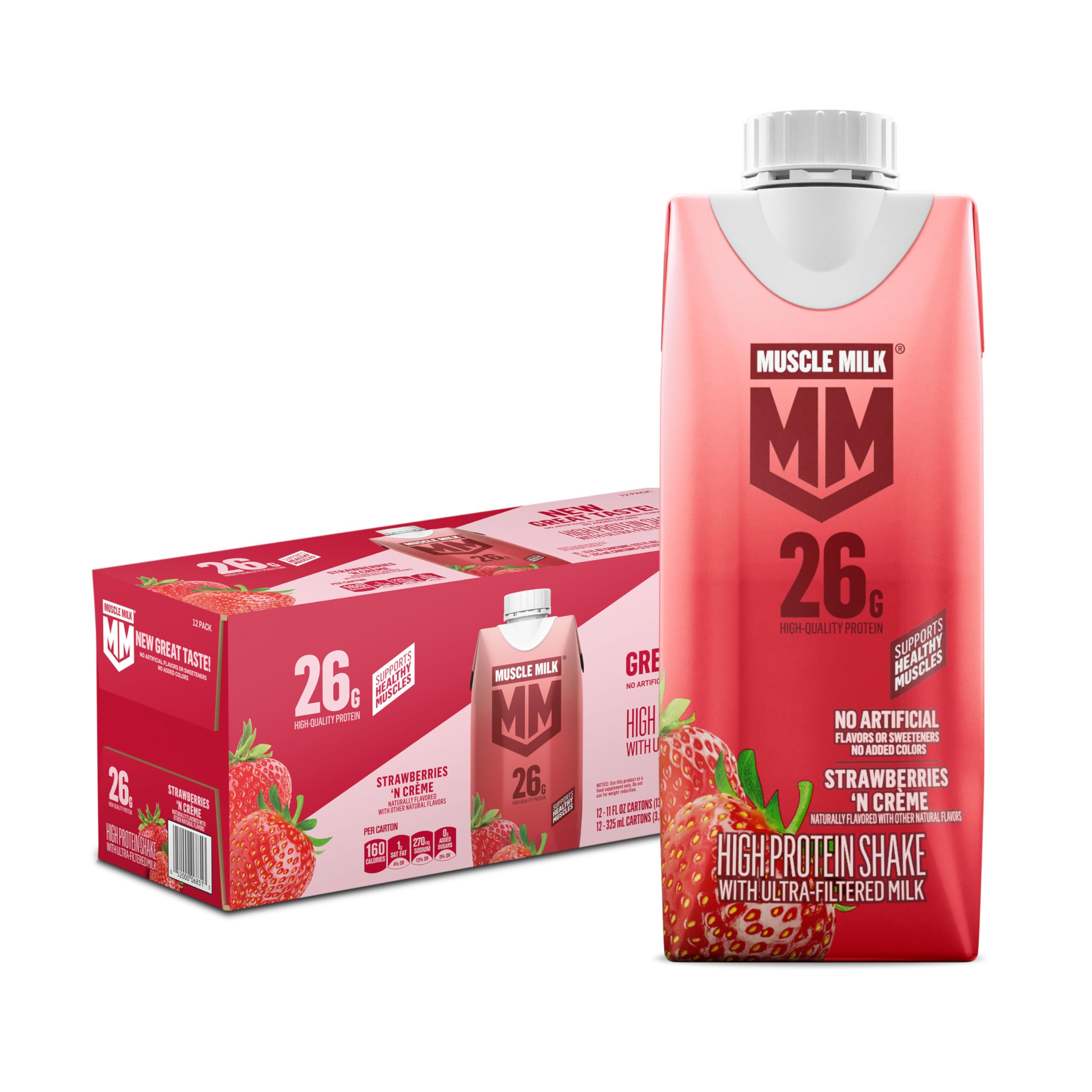 Muscle Milk High Protein Shake, Chocolate, 11 fl oz Cartons (12 Pack) | Ultra Filtered Milk, 26g Protein, 3g Sugar, 160 Calories, No Artificial Flavors, No Artificial Sweeteners, No Added Colors