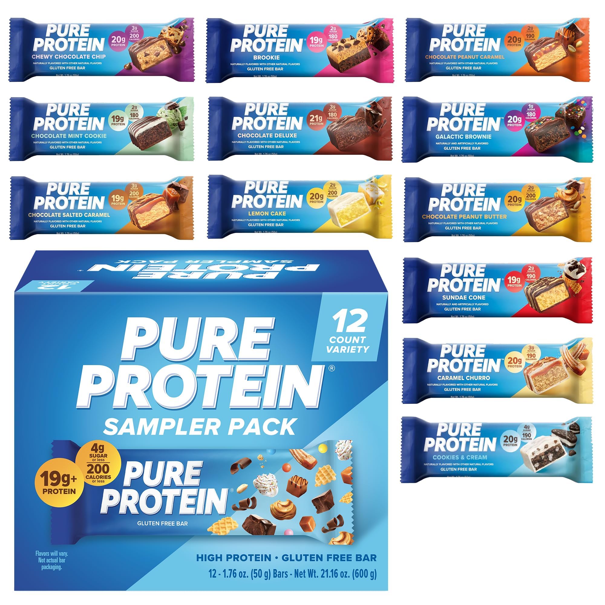 Pure Protein Chocolate Peanut Caramel Protein Bars, 20g Protein, 12 Ct | 3g Sugar, 190 Calories, Low Sugar* High Protein Snack, Gluten Free