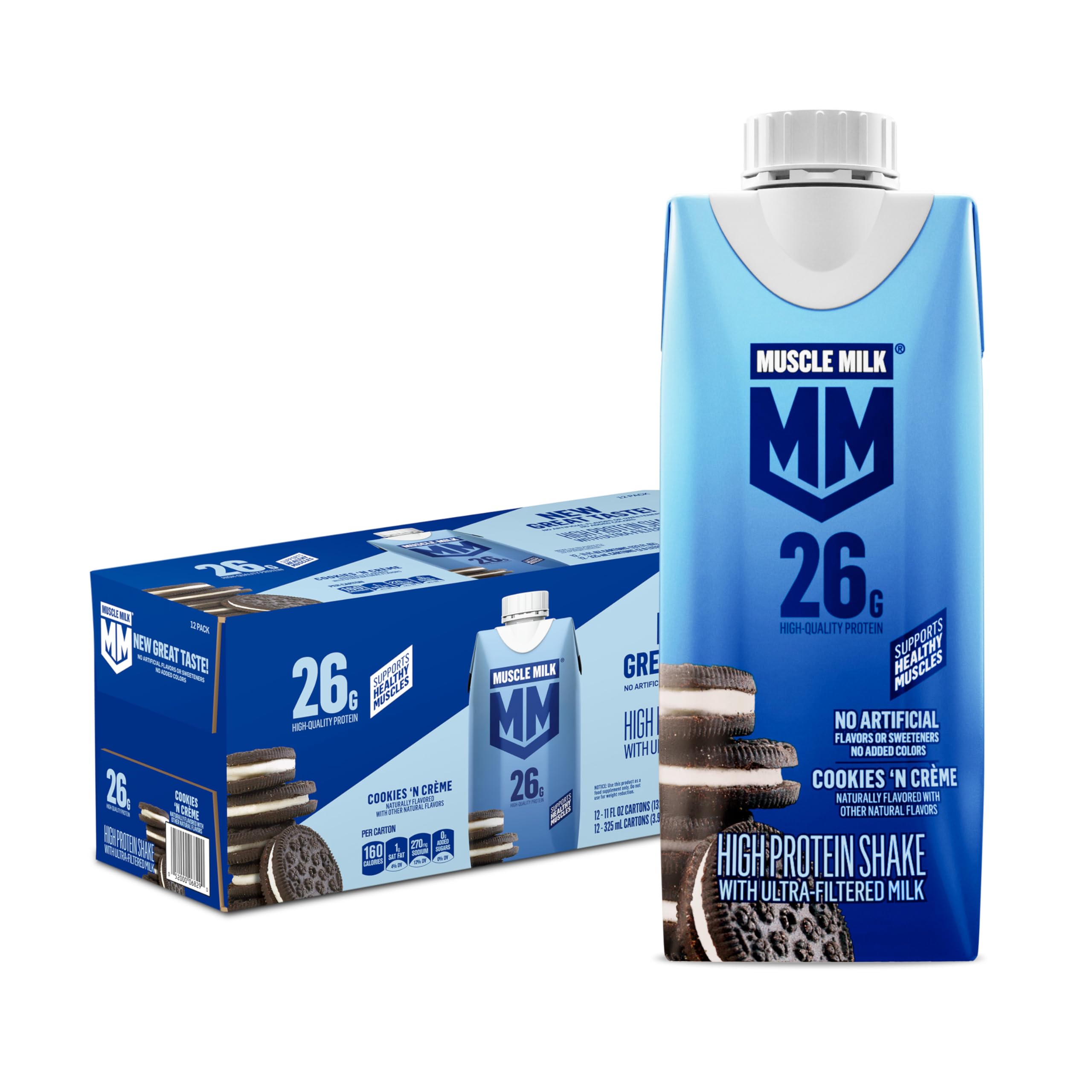 Muscle Milk High Protein Shake, Chocolate, 11 fl oz Cartons (12 Pack) | Ultra Filtered Milk, 26g Protein, 3g Sugar, 160 Calories, No Artificial Flavors, No Artificial Sweeteners, No Added Colors