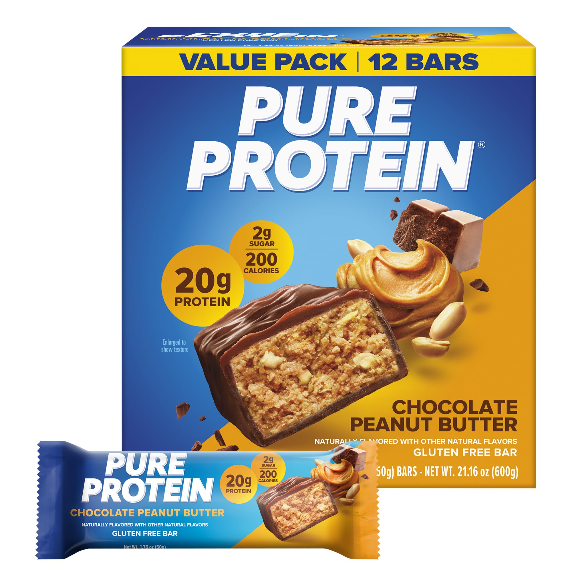 Pure Protein Chocolate Peanut Caramel Protein Bars, 20g Protein, 12 Ct | 3g Sugar, 190 Calories, Low Sugar* High Protein Snack, Gluten Free