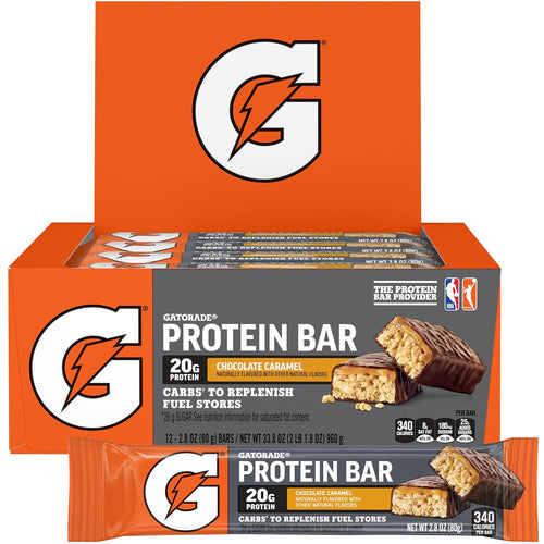 Gatorade Whey Protein Bars, Chocolate Caramel, 2.8 oz bars (Pack of 12, 20g of protein per bar)