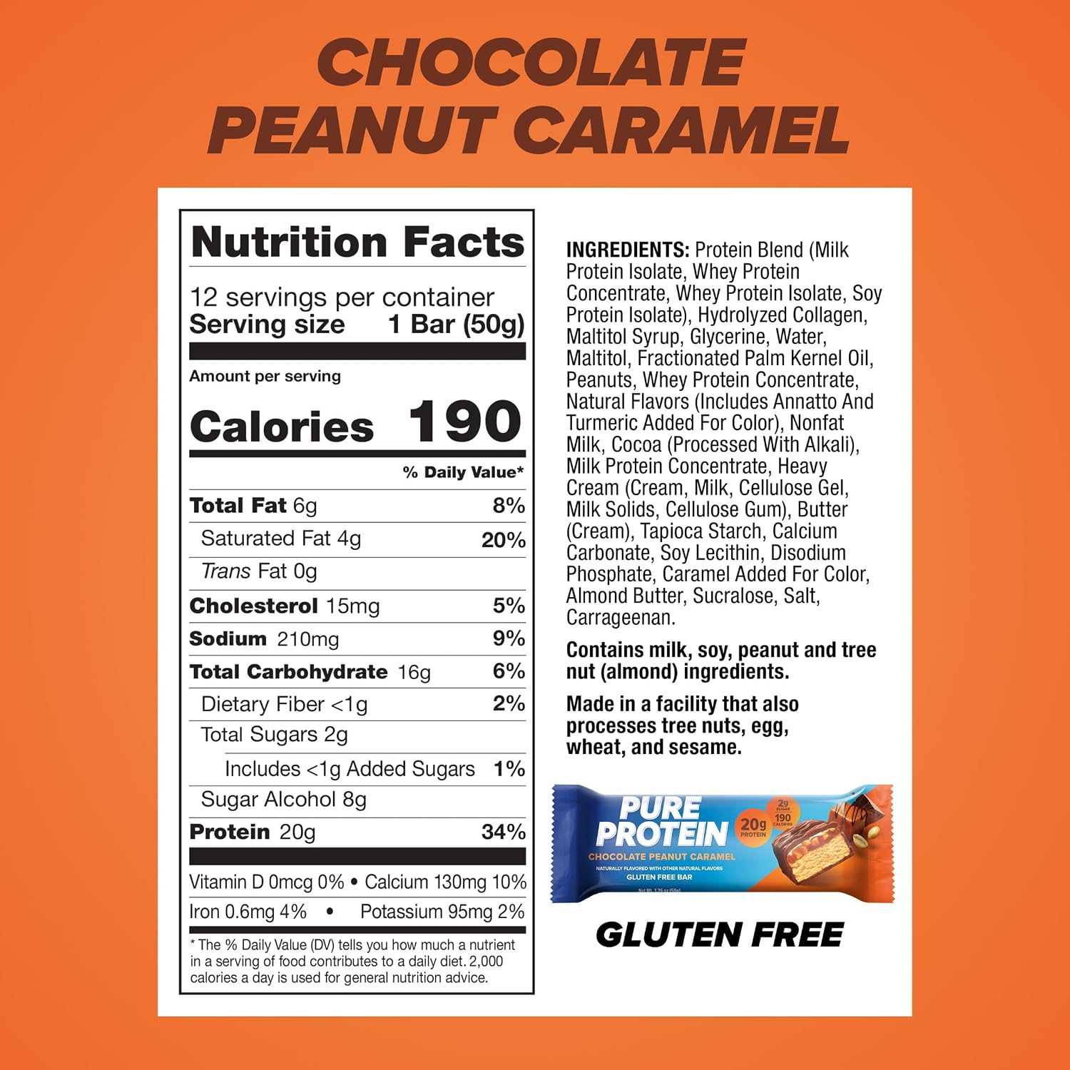 Pure Protein Chocolate Peanut Caramel Protein Bars, 20g Protein, 12 Ct | 3g Sugar, 190 Calories, Low Sugar* High Protein Snack, Gluten Free