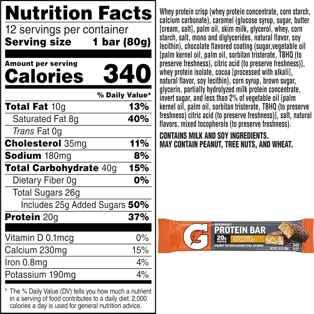 Gatorade Whey Protein Bars, Chocolate Caramel, 2.8 oz bars (Pack of 12, 20g of protein per bar)