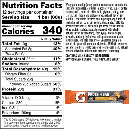 Gatorade Whey Protein Bars, Chocolate Caramel, 2.8 oz bars (Pack of 12, 20g of protein per bar)